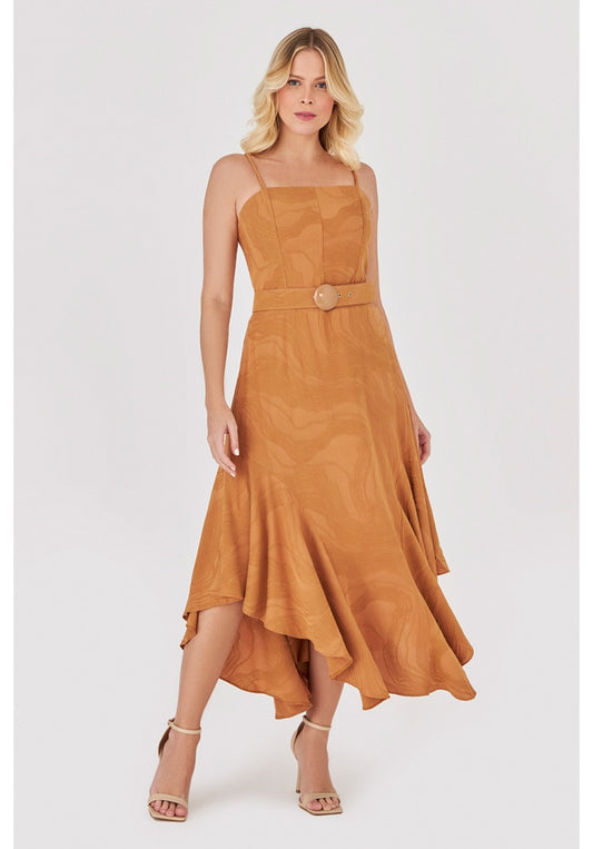 Deep Midi Asymmetrical Ruffle Dress - Golden Hour